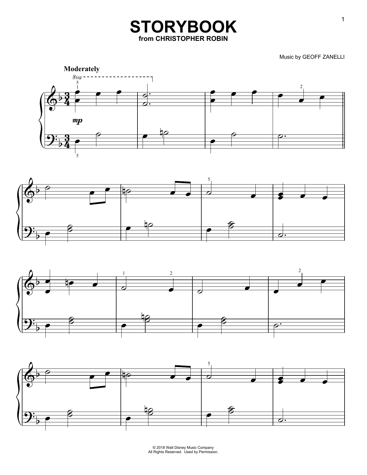 Geoff Zanelli & Jon Brion Storybook (from Christopher Robin) sheet music, chords, lyrics - Printable PDF for Easy Piano