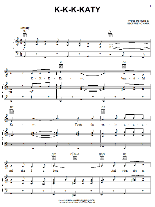 Learn to play Geoffrey O'Hara K-K-K-Katy sheet music for Piano, Vocal & Guitar (Right-Hand Melody) in minutes. Geoffrey O'Hara K-K-K-Katy sheet music notes and chords