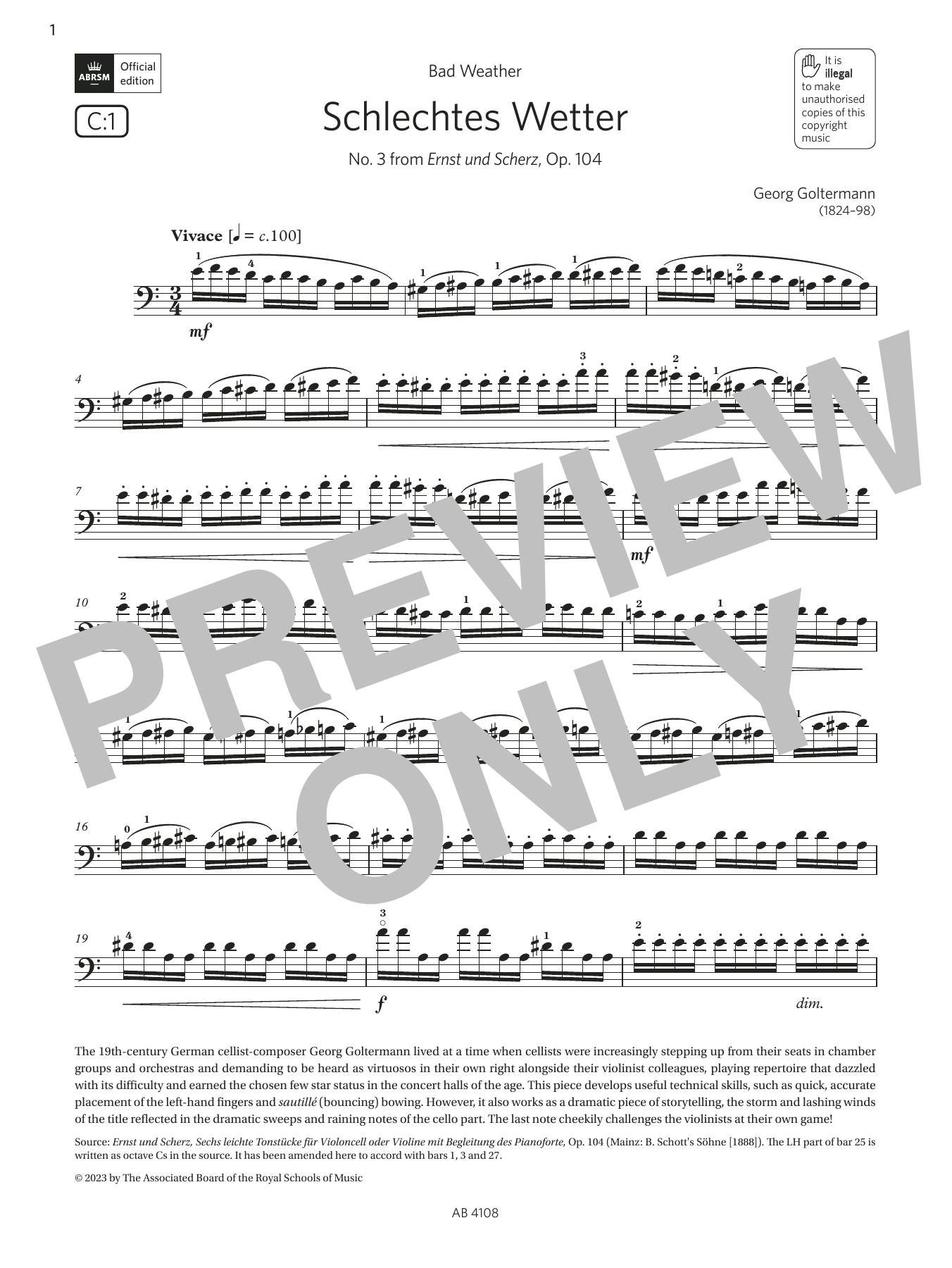 Georg Goltermann Schlechtes Wetter (Grade 5, C1, from the ABRSM Cello Syllabus from 2024) sheet music, chords, lyrics - Printable PDF for Cello Solo