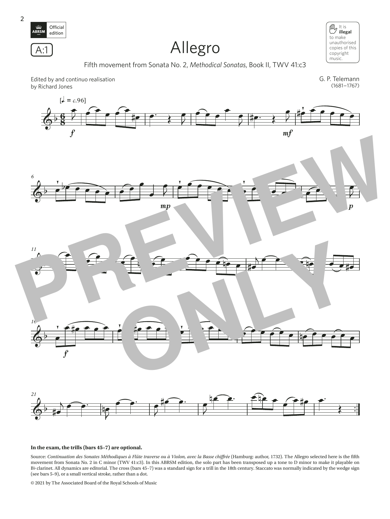 Georg Philipp Telemann Allegro (from Sonata No. 2) (Grade 4 List A1 from the ABRSM Clarinet syllabus from 2022) sheet music, chords, lyrics - Printable PDF for Clarinet Solo