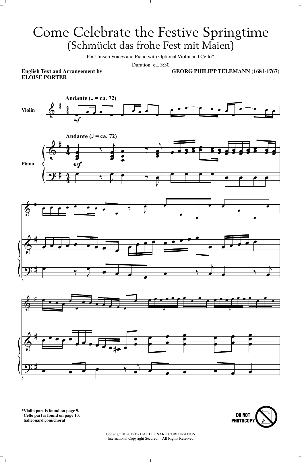 Georg Philipp Telemann Come Celebrate The Festive Springtime sheet music, chords, lyrics - Printable PDF for Unison Voice