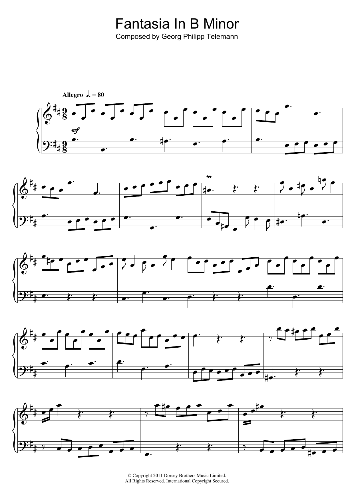 Georg Philipp Telemann Fantasia In B Minor sheet music, chords, lyrics - Printable PDF for Piano