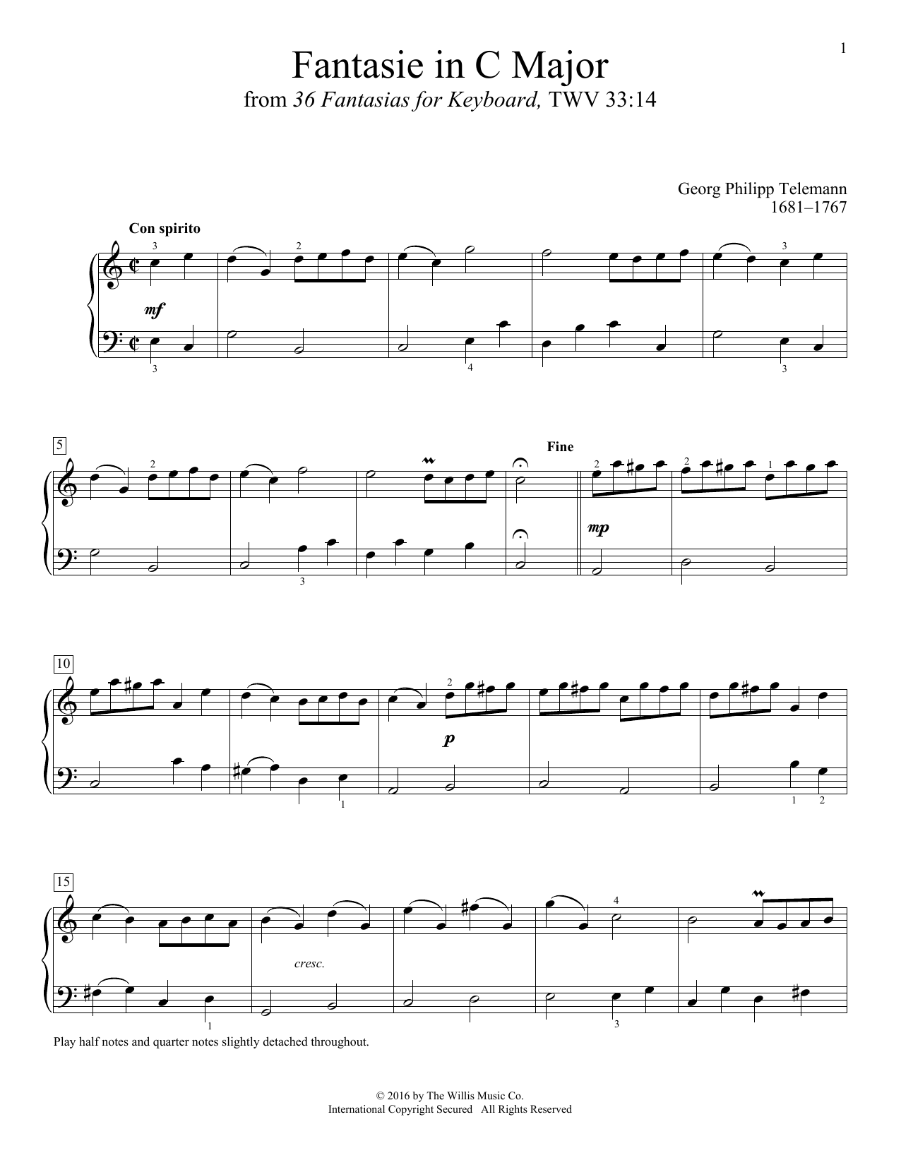 Georg Philipp Telemann Fantasie In C Major sheet music, chords, lyrics - Printable PDF for Educational Piano