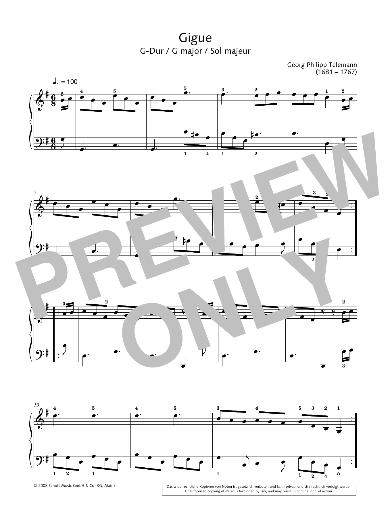 Georg Philipp Telemann Gigue in G major sheet music, chords, lyrics - Printable PDF for Piano Solo