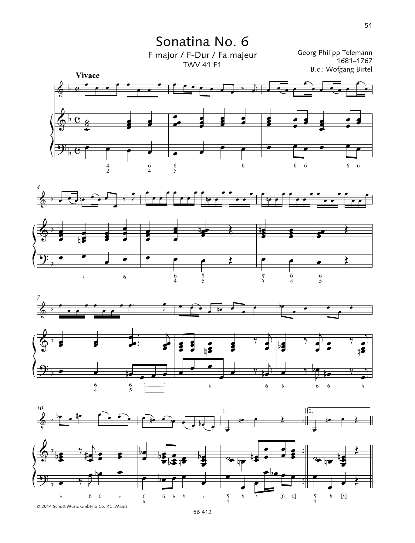 Georg Philipp Telemann Sonatina No. 6 F major sheet music, chords, lyrics - Printable PDF for String Solo
