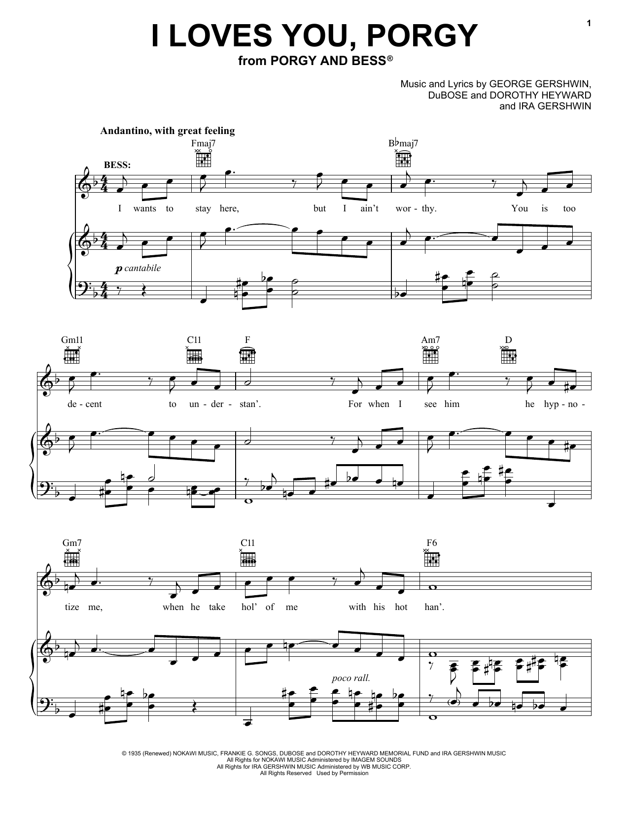 George Gershwin I Loves You, Porgy sheet music, chords, lyrics - Printable PDF for Piano, Vocal & Guitar (Right-Hand Melody)