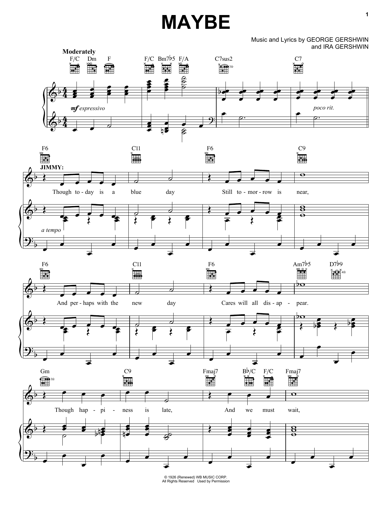 George and Ira Gershwin Maybe sheet music, chords, lyrics - Printable PDF for Piano, Vocal & Guitar (Right-Hand Melody)