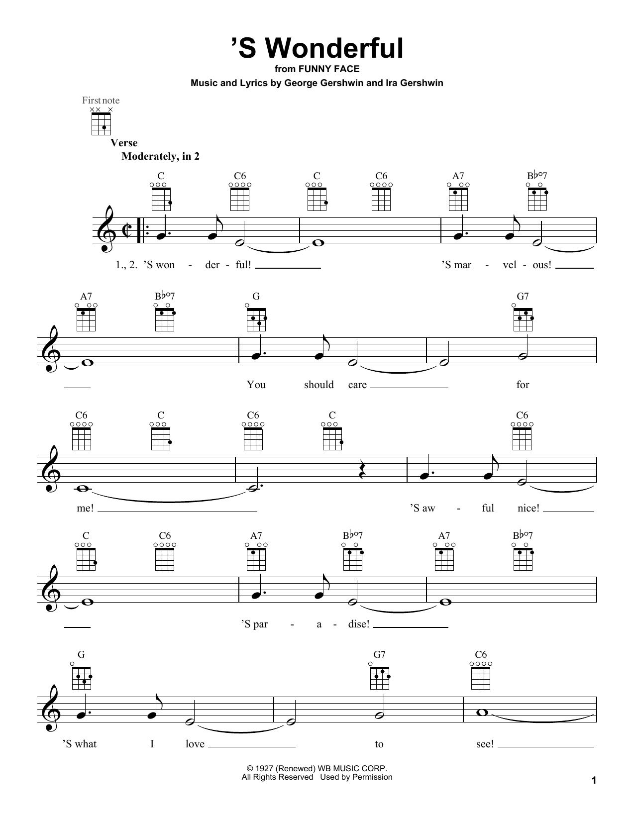 George Gershwin 'S Wonderful sheet music, chords, lyrics - Printable PDF for Ukulele