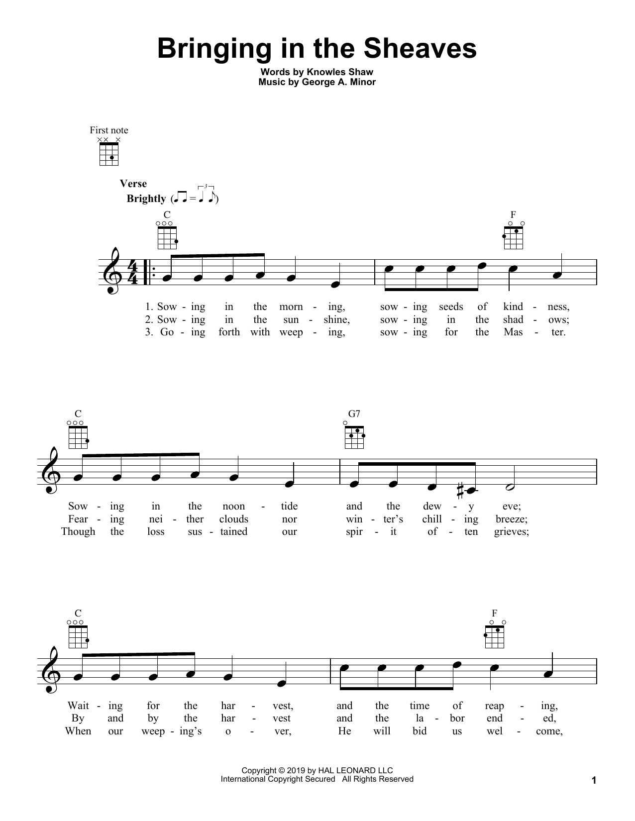 George A. Minor Bringing In The Sheaves sheet music, chords, lyrics - Printable PDF for Ukulele