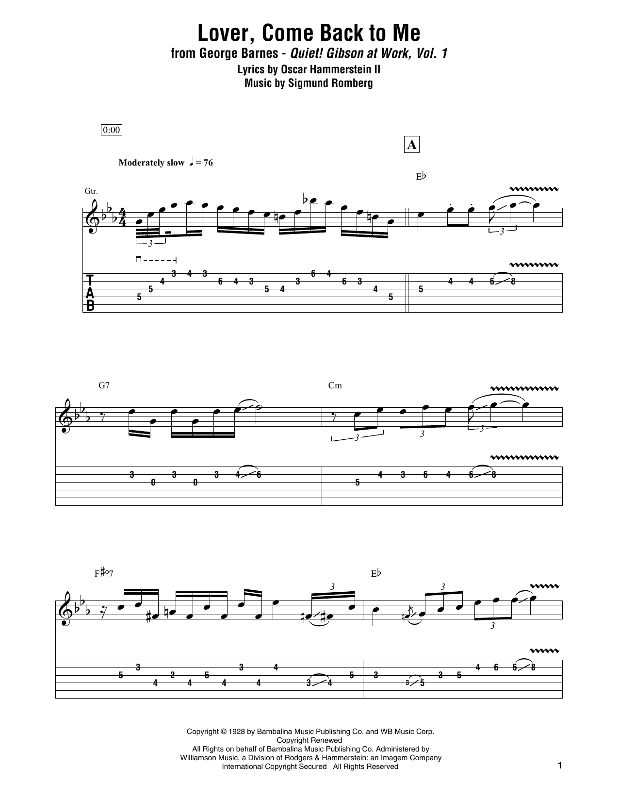 George Barnes Lover, Come Back To Me sheet music, chords, lyrics - Printable PDF for Electric Guitar Transcription