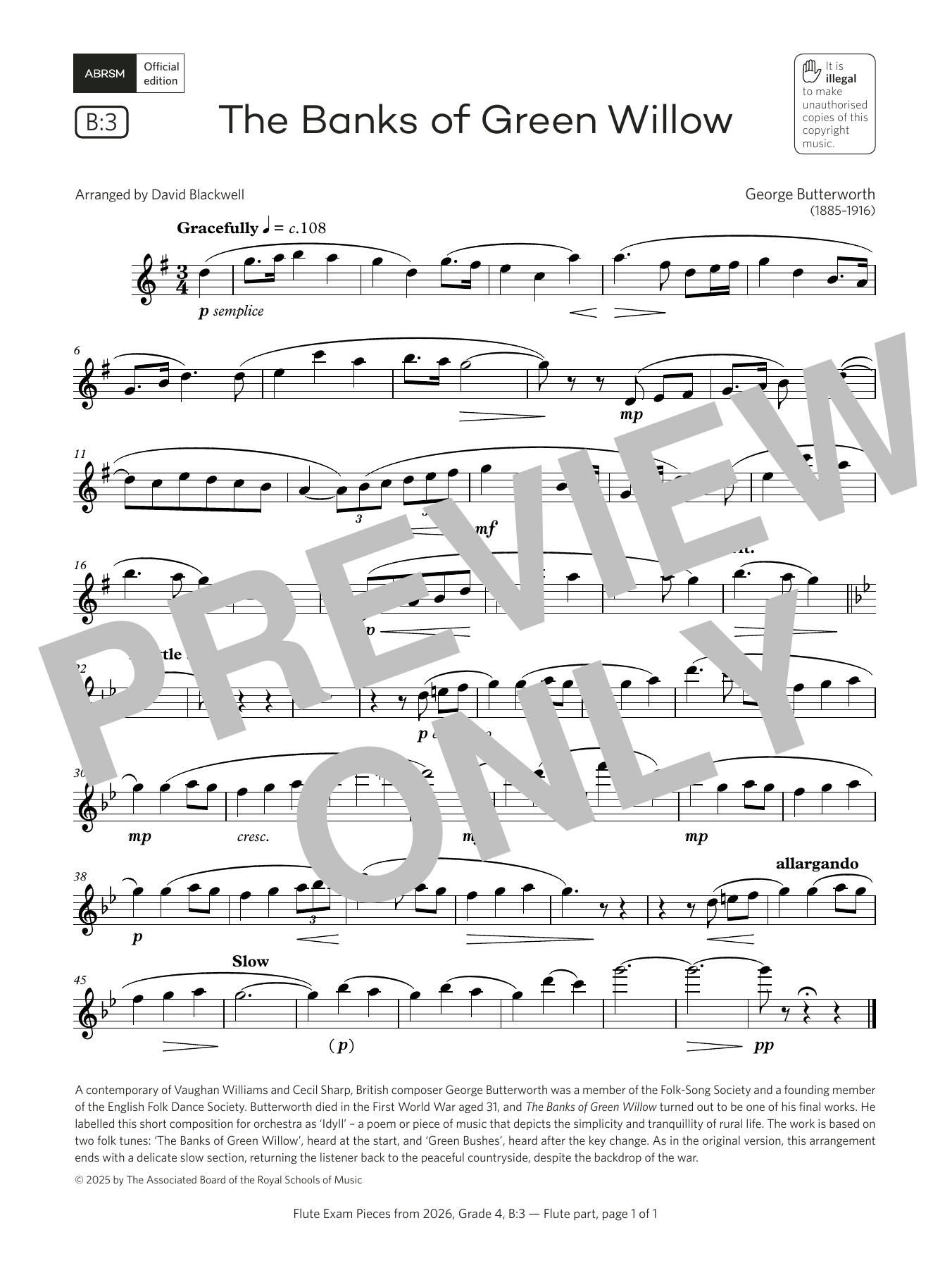 George Butterworth The Banks of Green Willow (Grade 4, list B3, from the ABRSM Flute Syllabus from 2026) sheet music, chords, lyrics - Printable PDF for Flute Solo