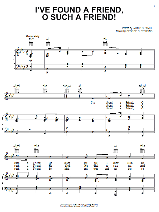 George C. Stebbins I've Found A Friend, O Such A Friend! sheet music, chords, lyrics - Printable PDF for Piano, Vocal & Guitar (Right-Hand Melody)