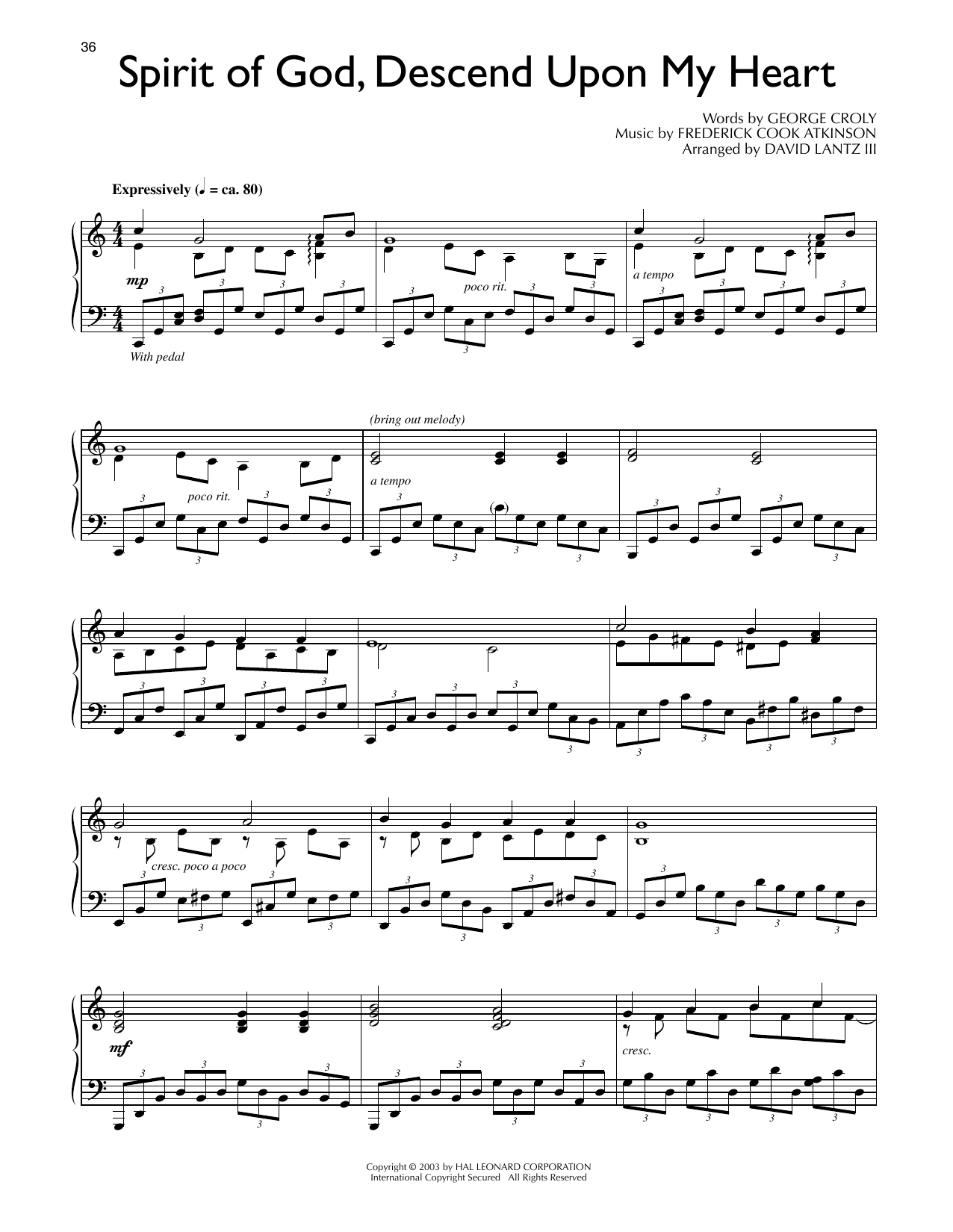 George Croly Spirit Of God, Descend Upon My Heart (arr. David Lantz III) sheet music, chords, lyrics - Printable PDF for Piano Solo