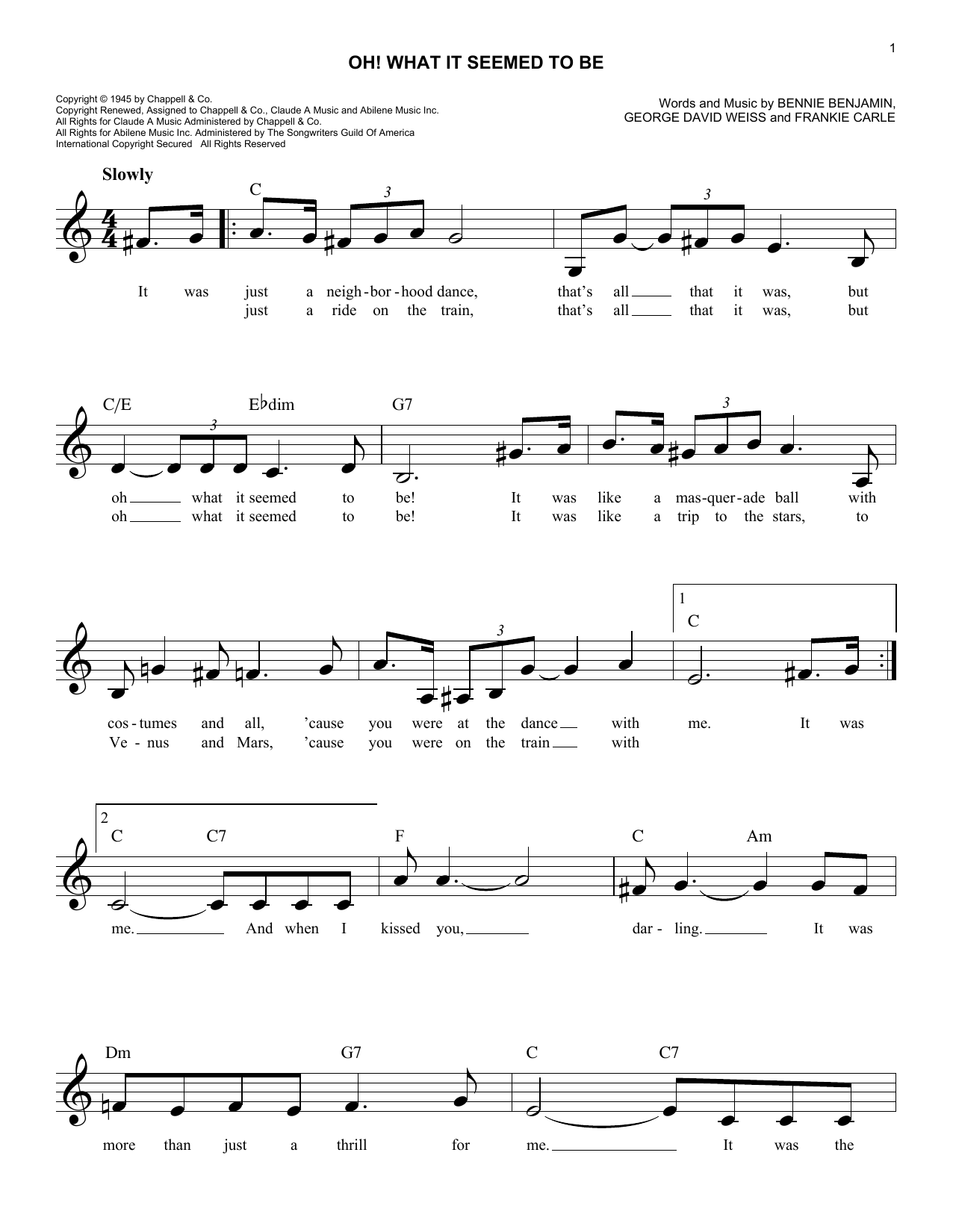 George David Weiss Oh! What It Seemed To Be sheet music, chords, lyrics - Printable PDF for Melody Line, Lyrics & Chords