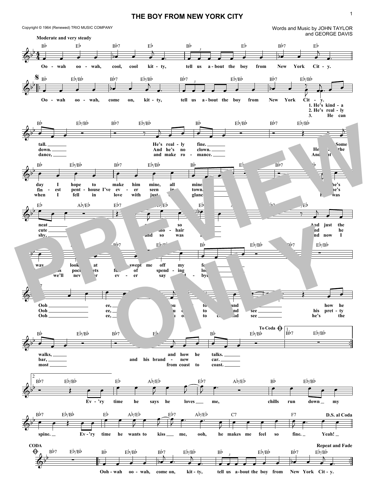 George Davis The Boy From New York City sheet music, chords, lyrics - Printable PDF for Real Book – Melody & Chords