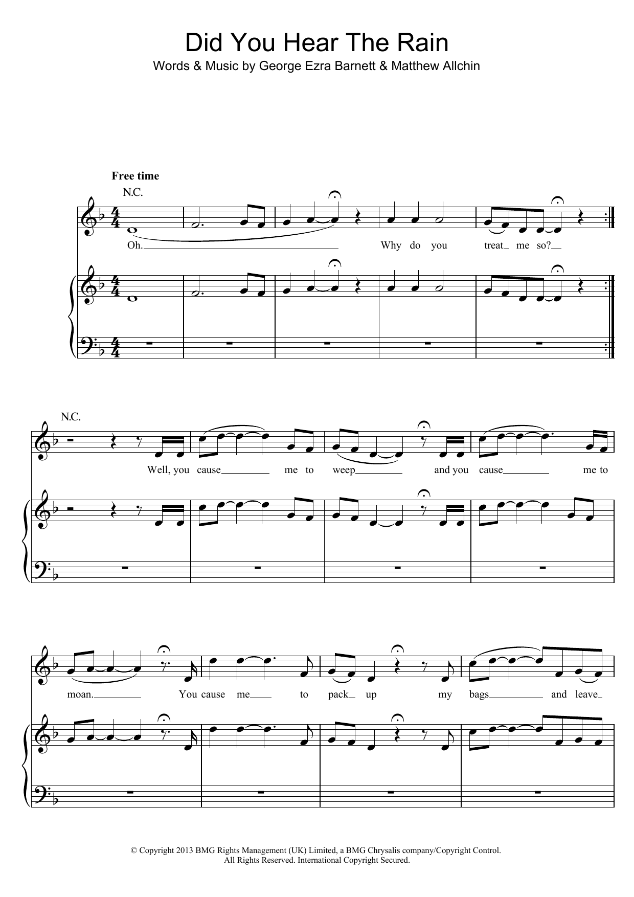 George Ezra Did You Hear The Rain? sheet music, chords, lyrics - Printable PDF for Piano, Vocal & Guitar (Right-Hand Melody)