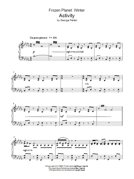 George Fenton Frozen Planet, Activity sheet music, chords, lyrics - Printable PDF for Piano