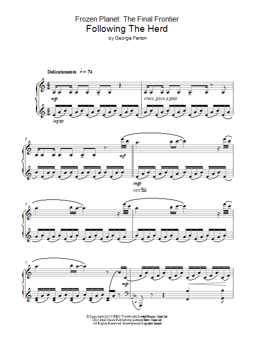 George Fenton Frozen Planet, Following The Herd sheet music, chords, lyrics - Printable PDF for Piano
