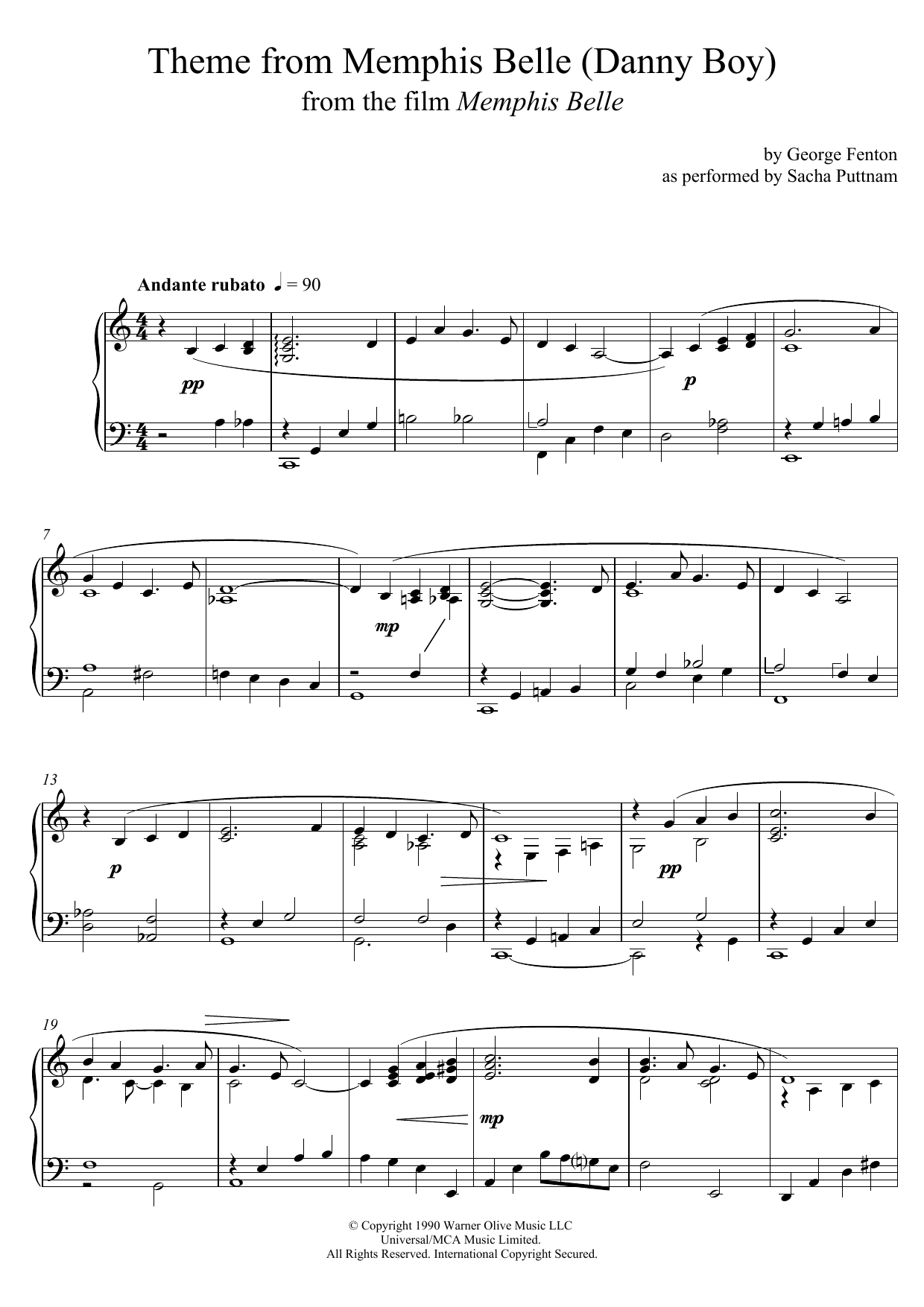 George Fenton Memphis Belle (Main Title) (as performed by Sacha Puttnam) sheet music, chords, lyrics - Printable PDF for Piano