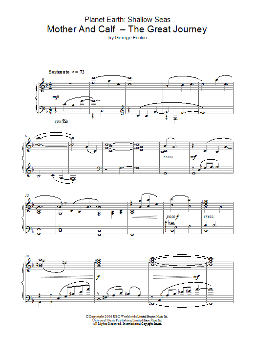 George Fenton Planet Earth: Mother And Calf - The Great Journey sheet music, chords, lyrics - Printable PDF for Piano