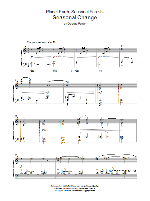 George Fenton Planet Earth: Seasonal Change sheet music, chords, lyrics - Printable PDF for Piano