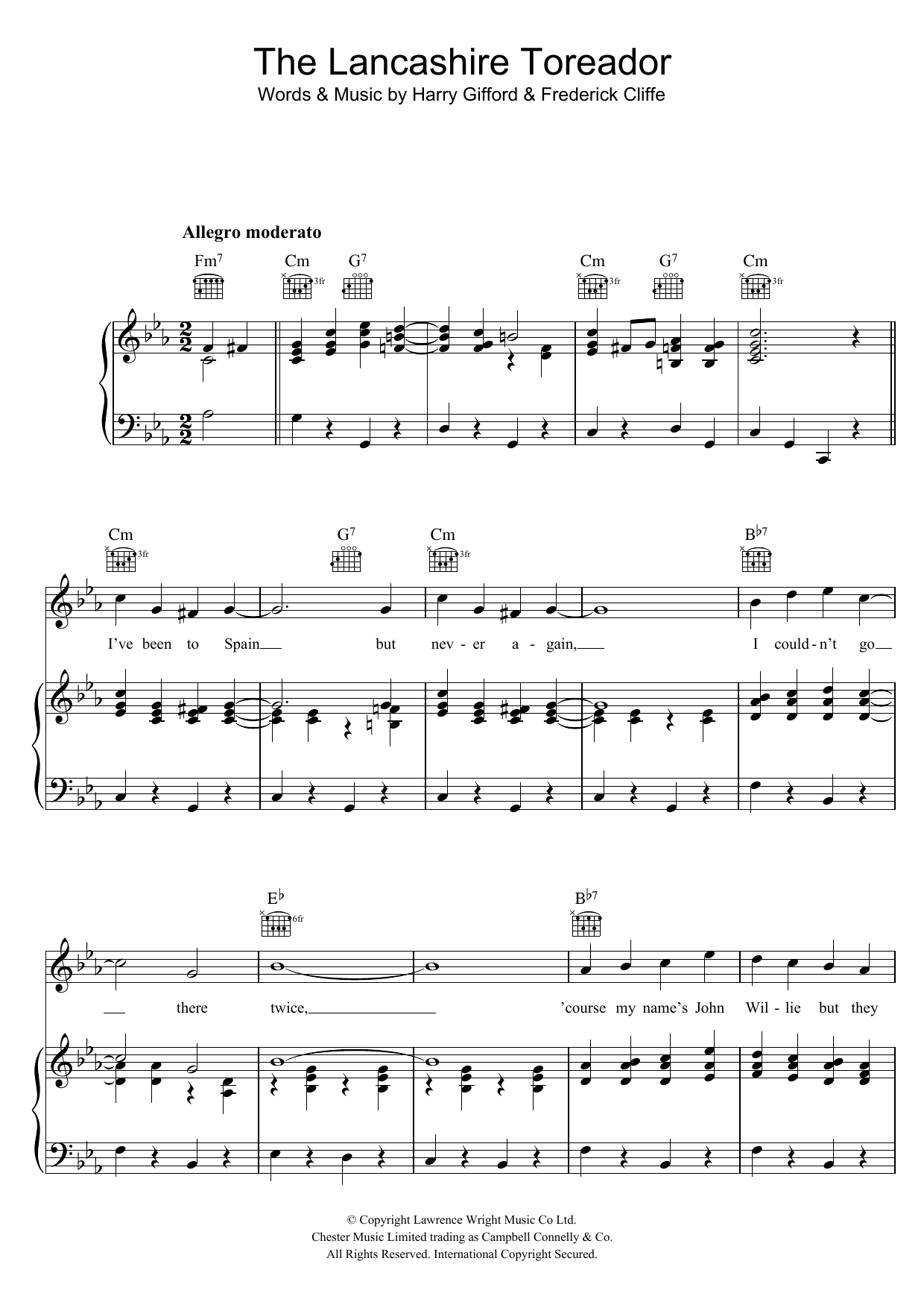 George Formby The Lancashire Toreador sheet music, chords, lyrics - Printable PDF for Piano, Vocal & Guitar (Right-Hand Melody)