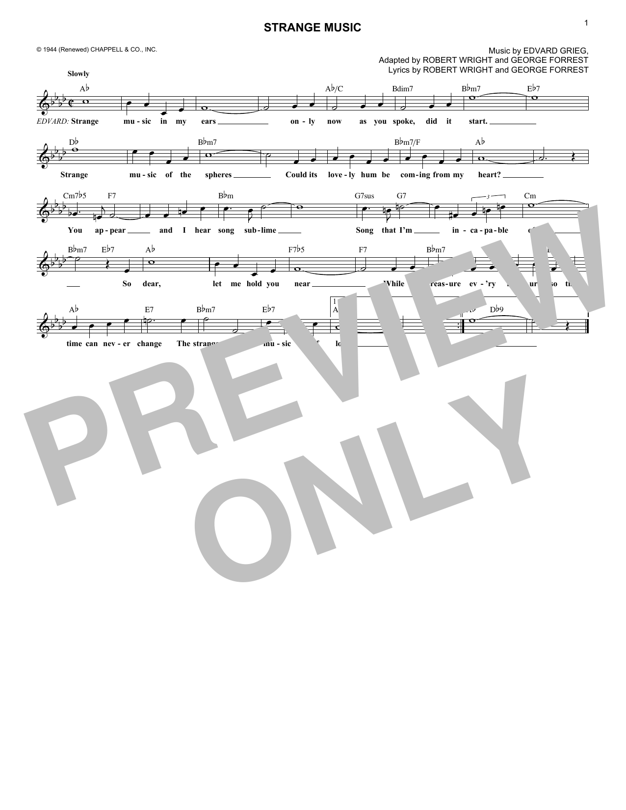 George Forrest Strange Music sheet music, chords, lyrics - Printable PDF for Melody Line, Lyrics & Chords
