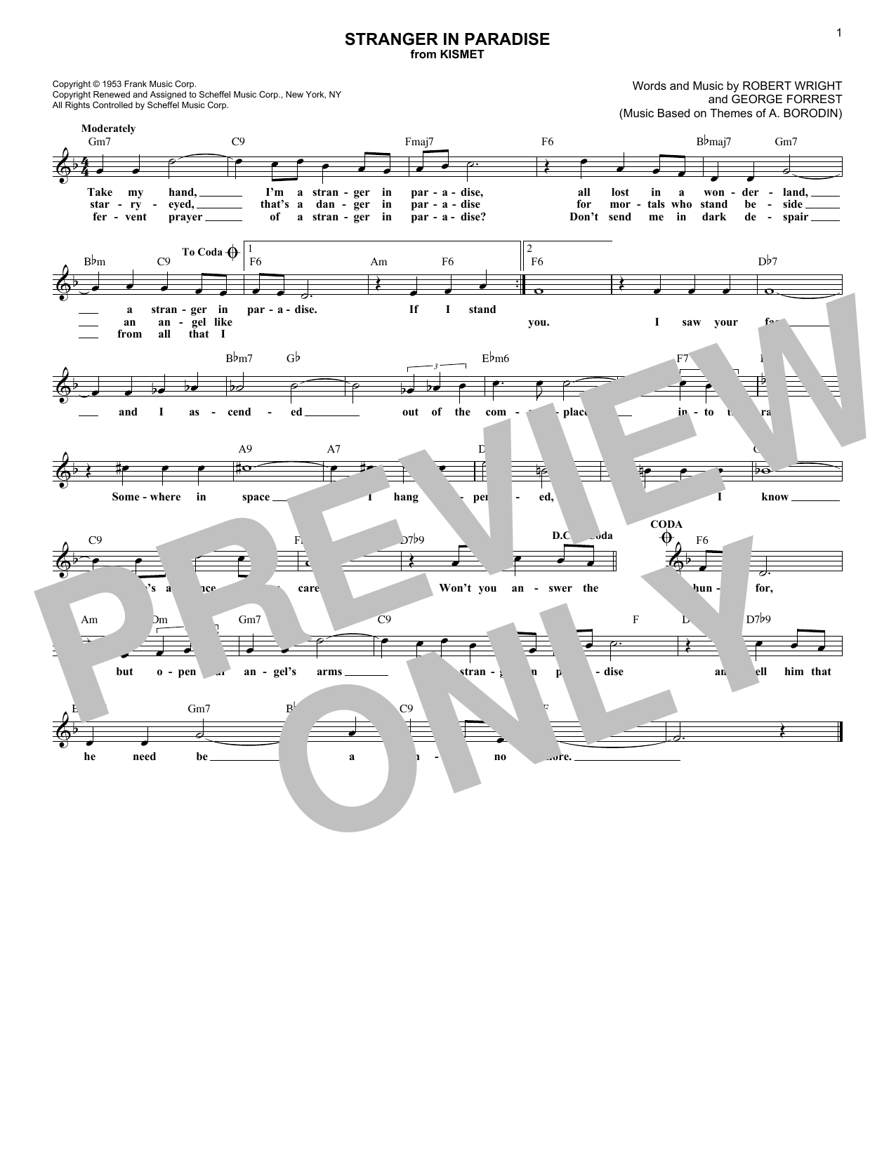 George Forrest Stranger In Paradise sheet music, chords, lyrics - Printable PDF for Lead Sheet / Fake Book