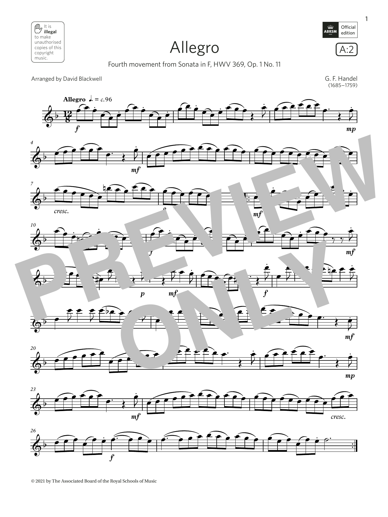 George Frideric Handel Allegro (from Sonata in F, Op.1 No.11) (Grade 4 A2 from the ABRSM Saxophone syllabus from 2022) sheet music, chords, lyrics - Printable PDF for Alto Sax Solo