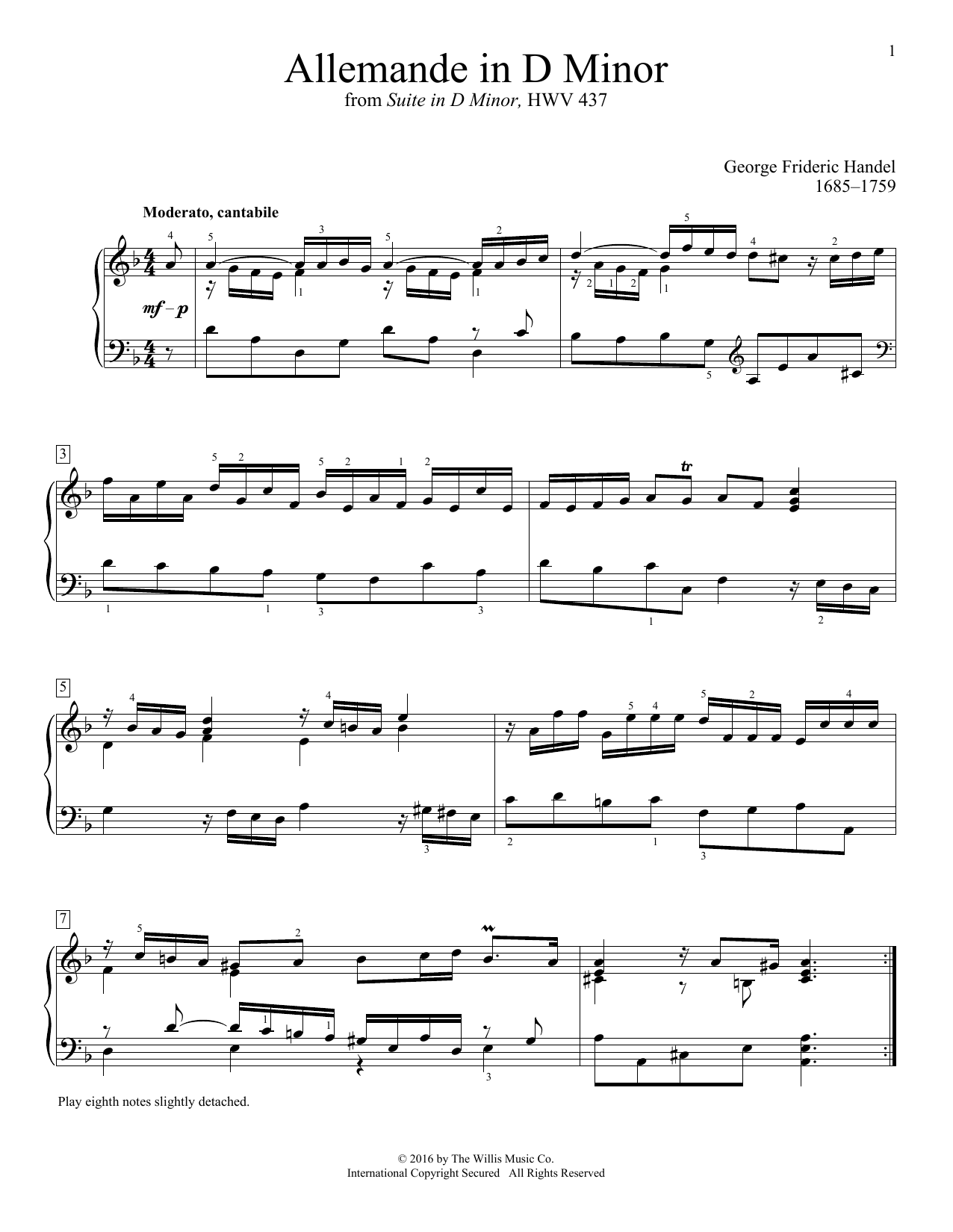 George Frideric Handel Allemande In D Minor sheet music, chords, lyrics - Printable PDF for Educational Piano