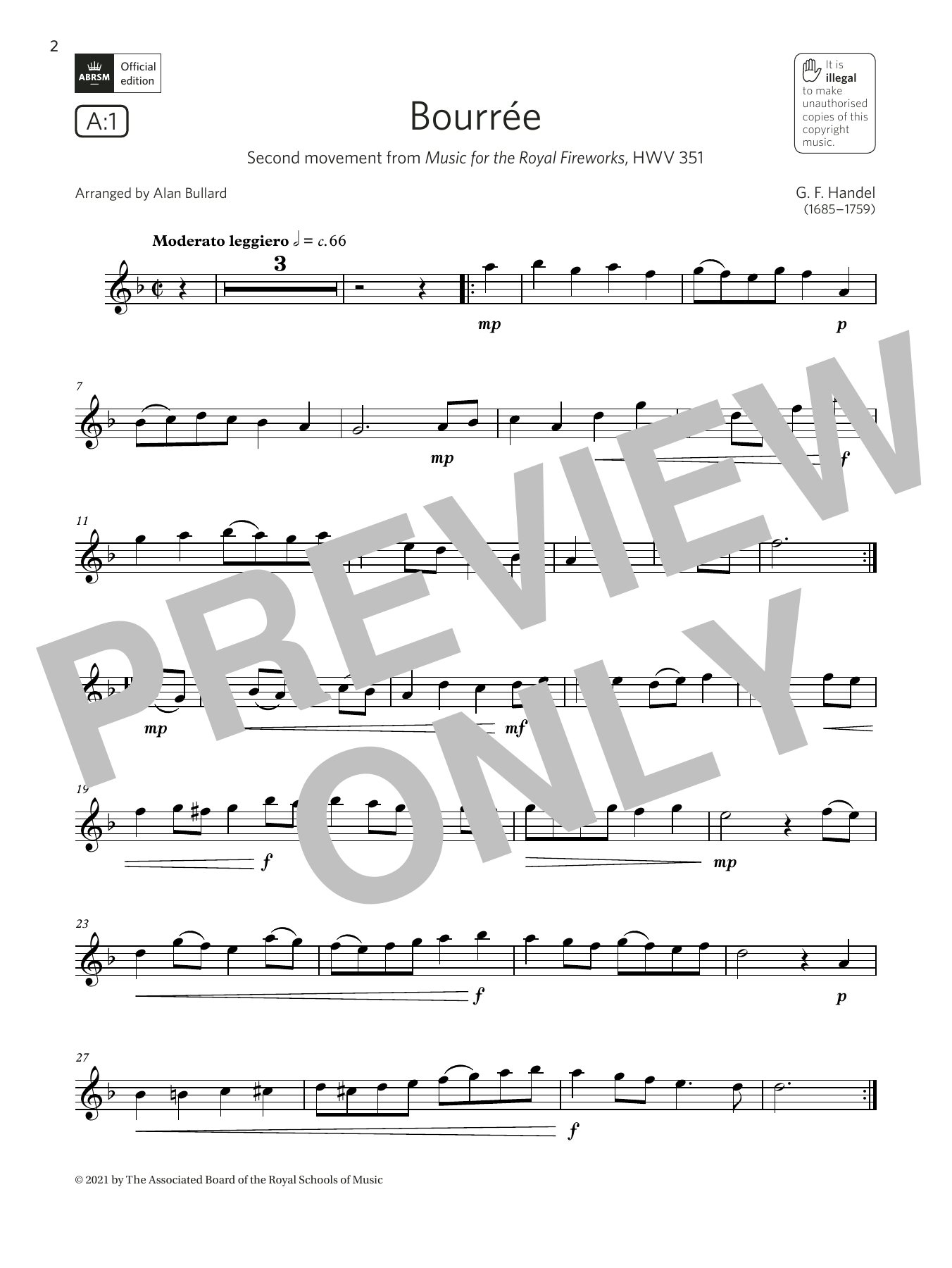 George Frideric Handel Bourrée (from Music for the Royal Fireworks)(Grade 2 A1, the ABRSM Saxophone syllabus from 2022) sheet music, chords, lyrics - Printable PDF for Alto Sax Solo
