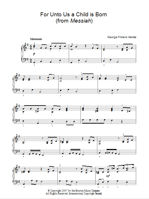 George Frideric Handel For Unto Us A Child Is Born (from Messiah) sheet music, chords, lyrics - Printable PDF for Easy Piano
