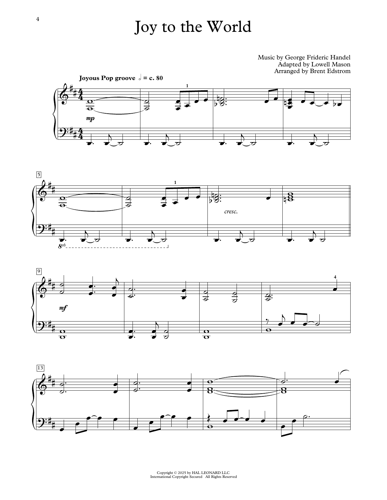 George Frideric Handel Joy To The World (arr. Brent Edstrom) sheet music, chords, lyrics - Printable PDF for Educational Piano