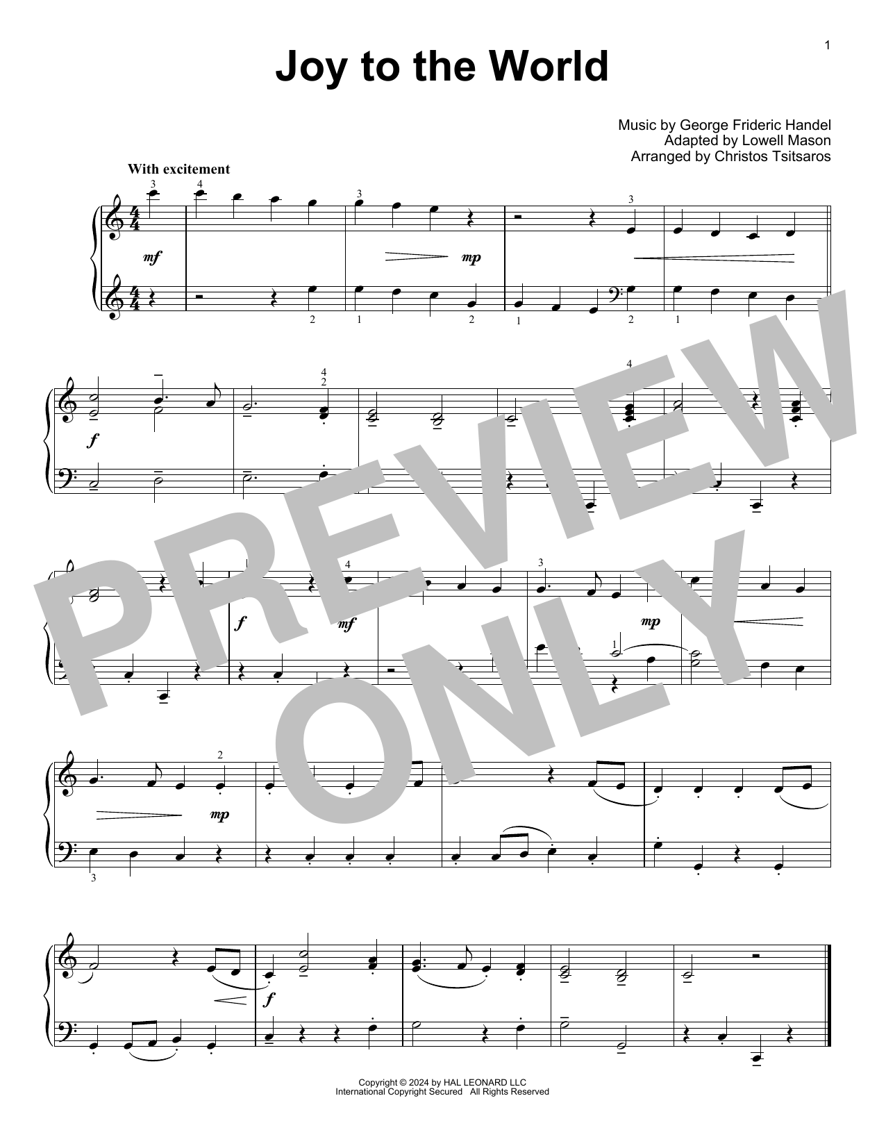 George Frideric Handel Joy To The World (arr. Christos Tsitsaros) sheet music, chords, lyrics - Printable PDF for Easy Piano Solo