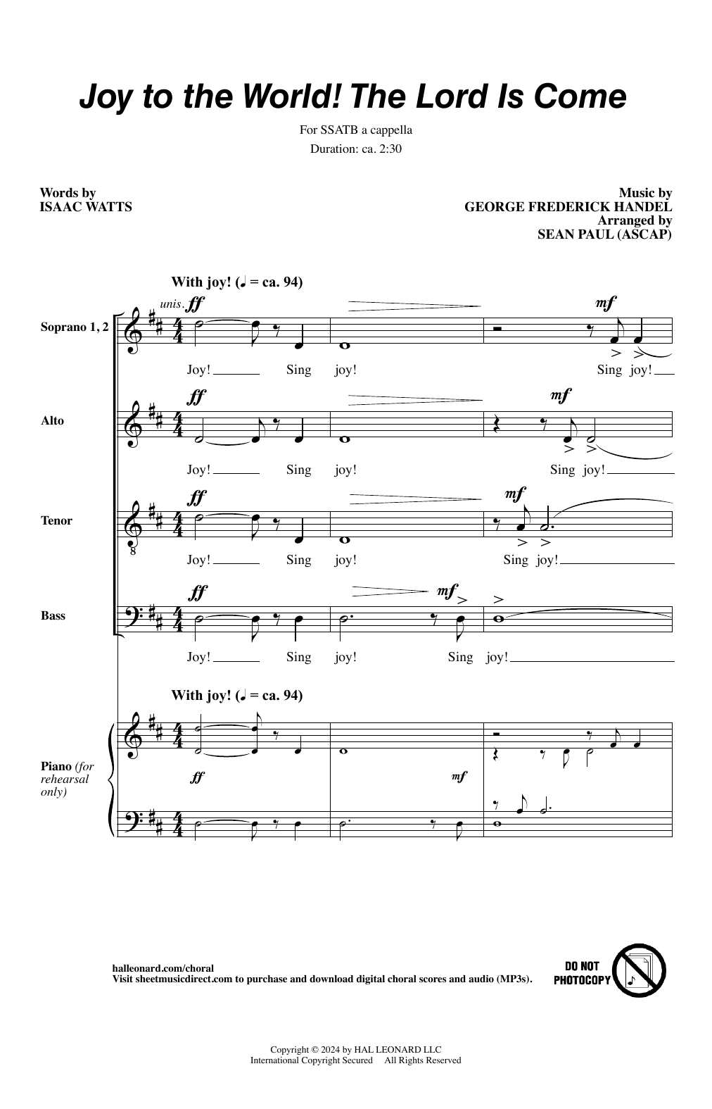 George Frederick Handel Joy To The World! The Lord Is Come (arr. Sean Paul) sheet music, chords, lyrics - Printable PDF for SSATB Choir