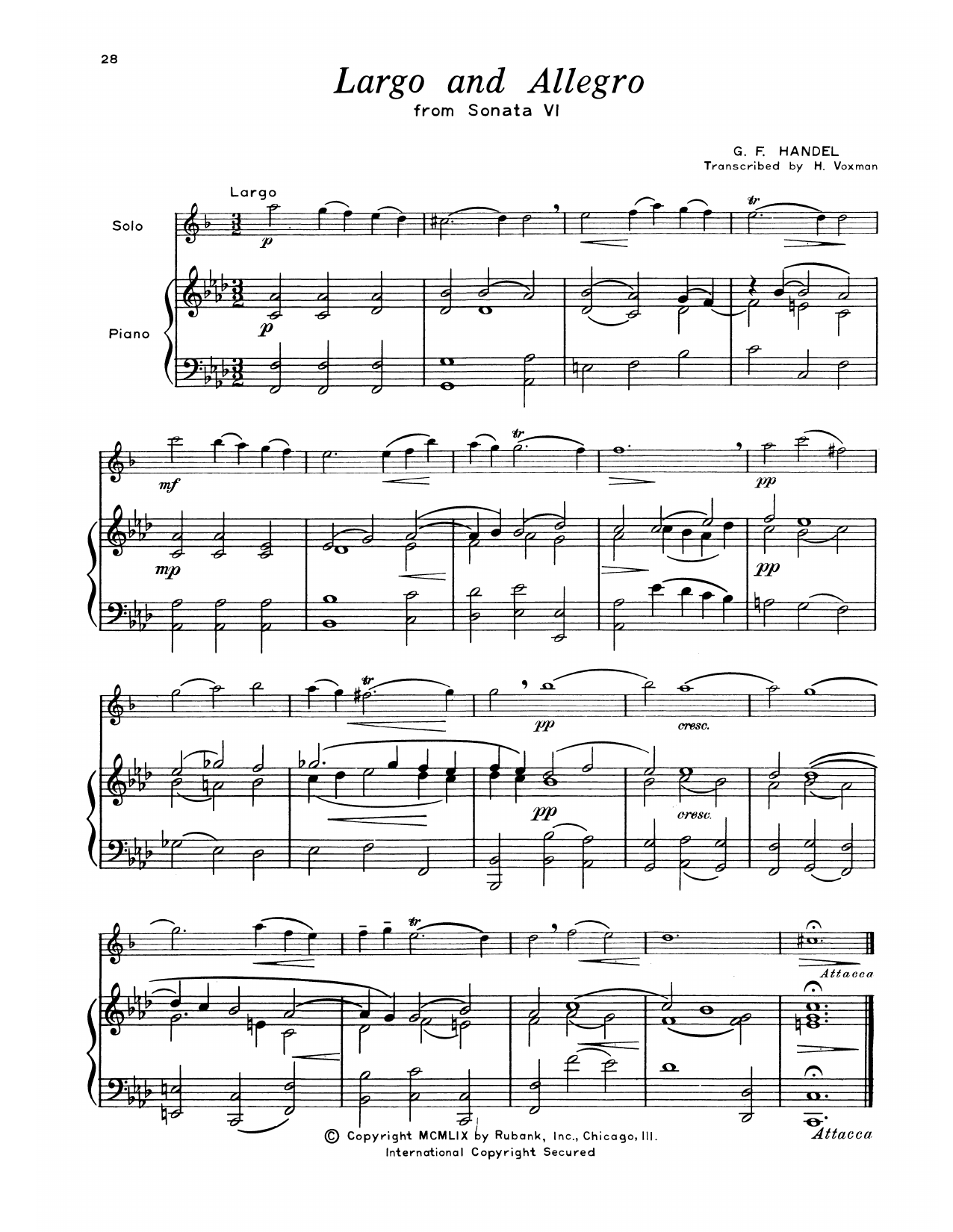 George Frideric Handel Largo & Allegro sheet music, chords, lyrics - Printable PDF for Alto Sax and Piano