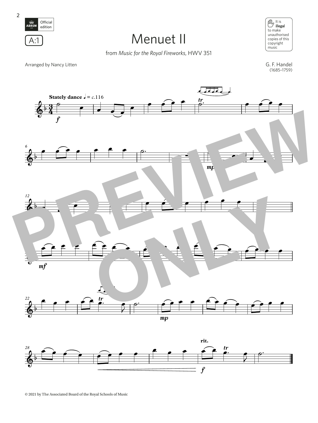 George Frideric Handel Menuet II (Music for the Royal Fireworks) (Grade 2 List A1 from the ABRSM Flute syllabus from 2022) sheet music, chords, lyrics - Printable PDF for Flute Solo