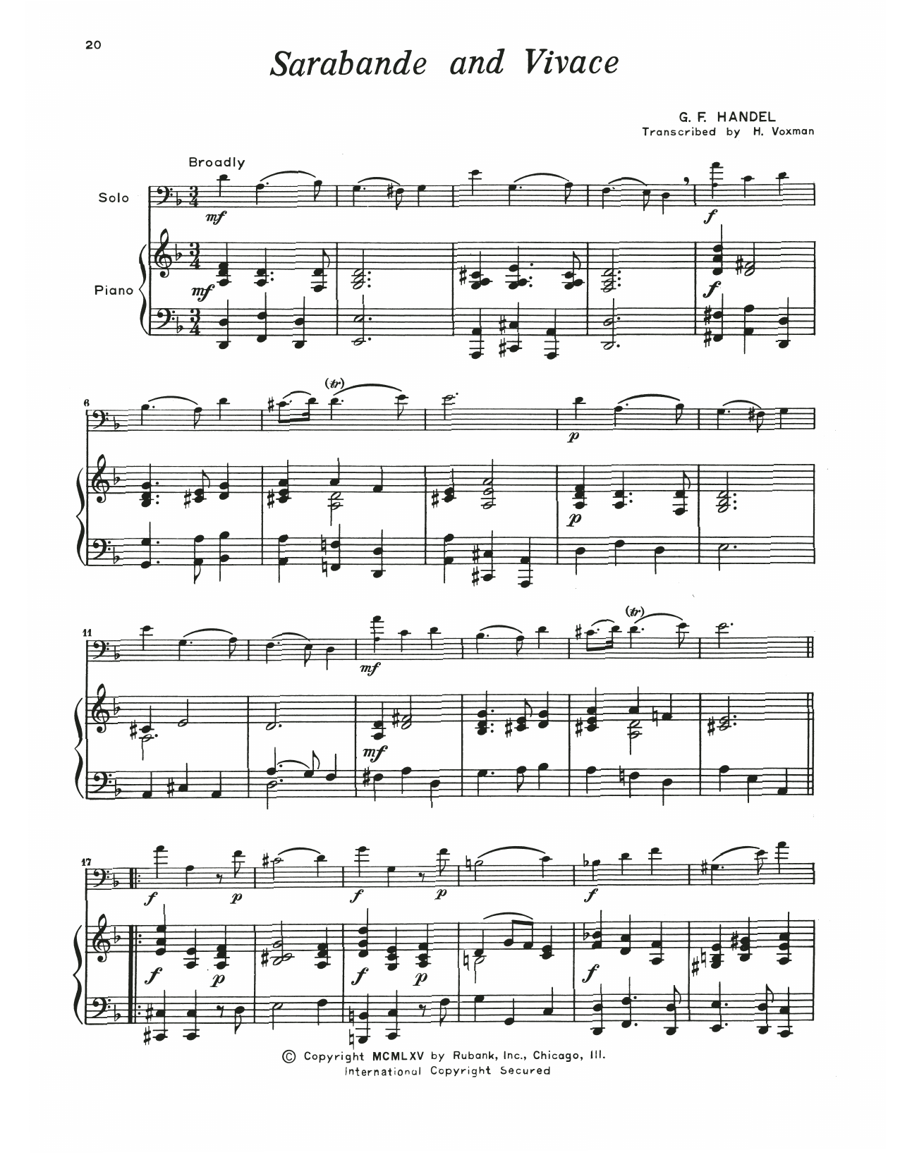 George Frideric Handel Sarabande & Vivace sheet music, chords, lyrics - Printable PDF for Trombone and Piano