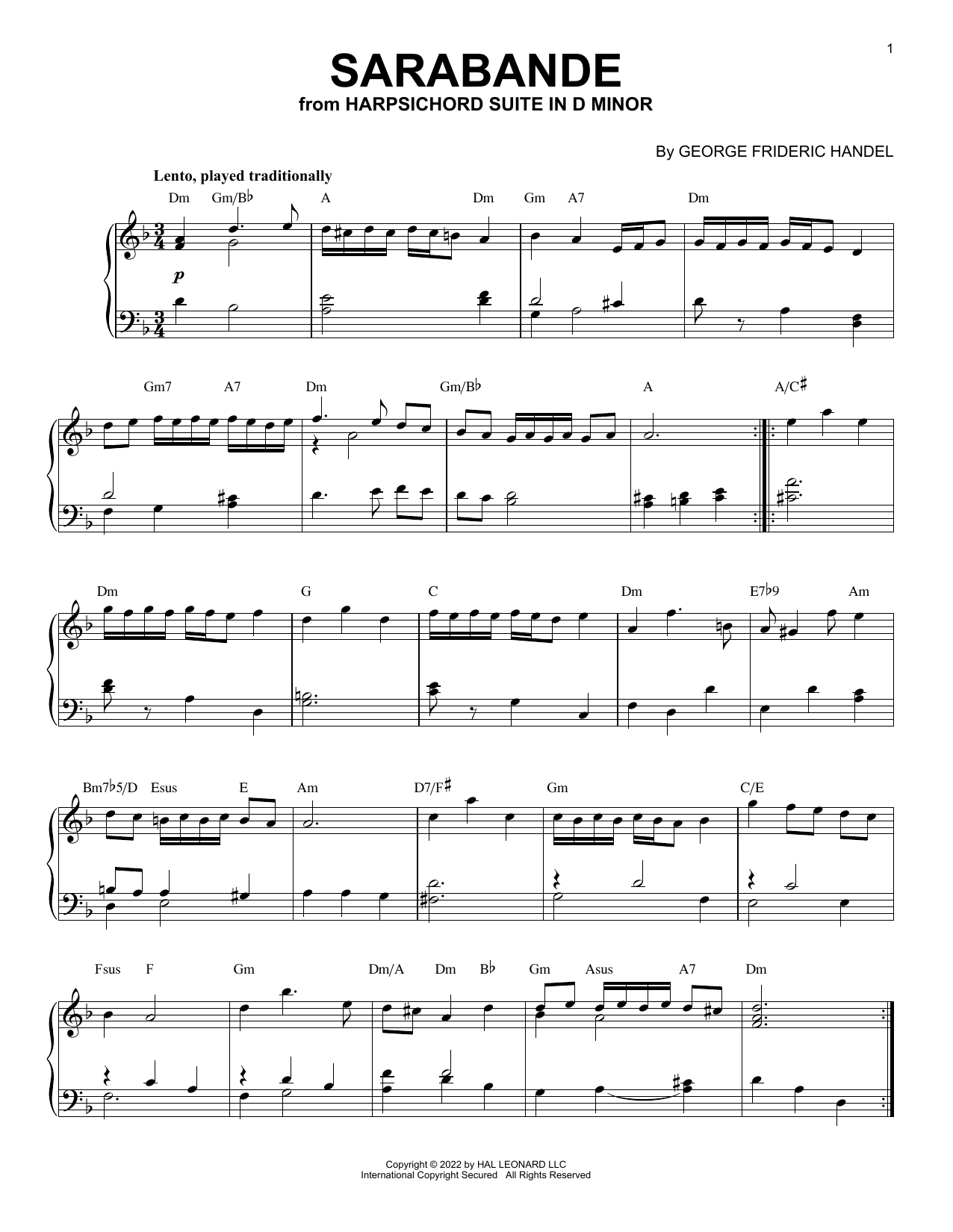 George Frideric Handel Sarabande In D Minor [Jazz version] (arr. Brent Edstrom) sheet music, chords, lyrics - Printable PDF for Piano Solo