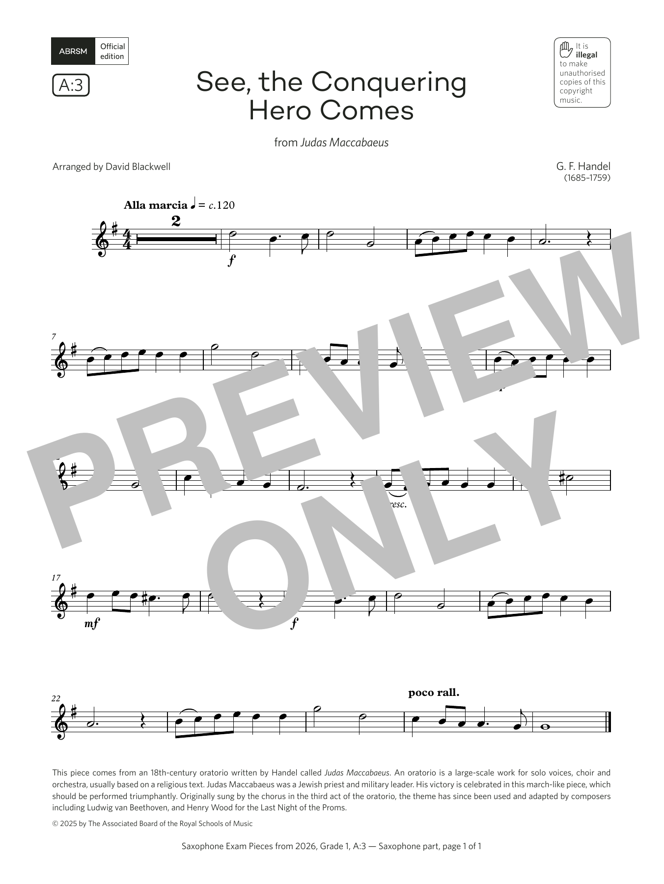 George Frideric Handel See, the Conquering (Grade 1, list A3, from the ABRSM Saxophone Syllabus from 2026) sheet music, chords, lyrics - Printable PDF for Alto Sax Solo