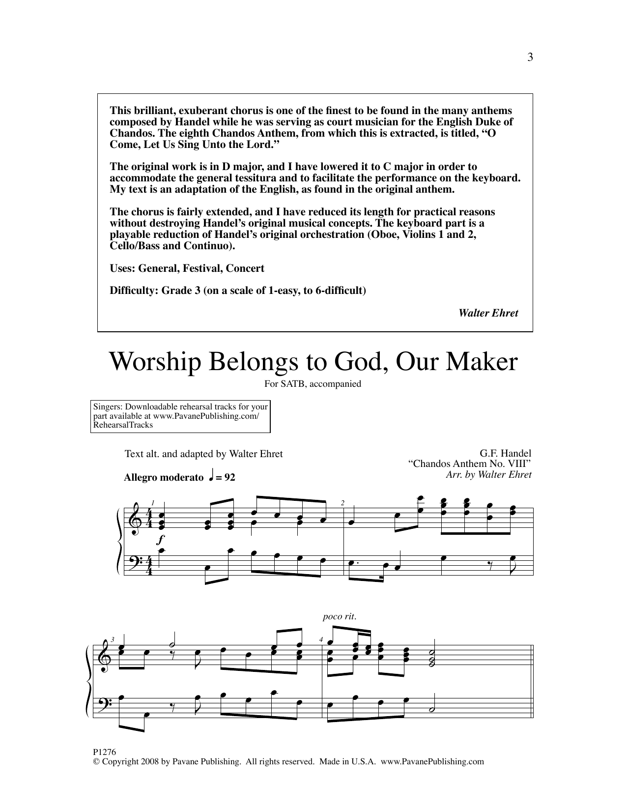 George Friedrich Handel Worship Belongs to God, Our Maker (arr. Walter Ehret) sheet music, chords, lyrics - Printable PDF for SATB Choir