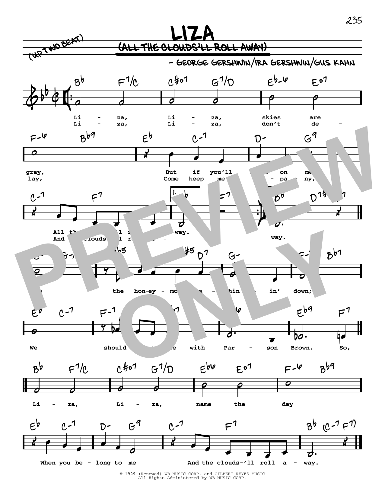 George Gershwin & Ira Gershwin Liza (All The Clouds'll Roll Away) (Low Voice) sheet music, chords, lyrics - Printable PDF for Real Book – Melody, Lyrics & Chords