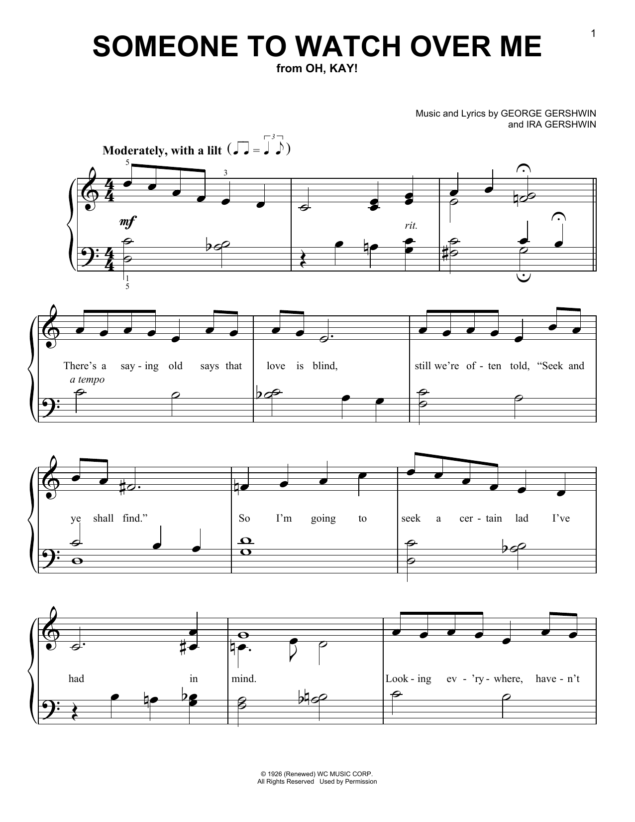 George Gershwin & Ira Gershwin Someone To Watch Over Me sheet music, chords, lyrics - Printable PDF for Very Easy Piano
