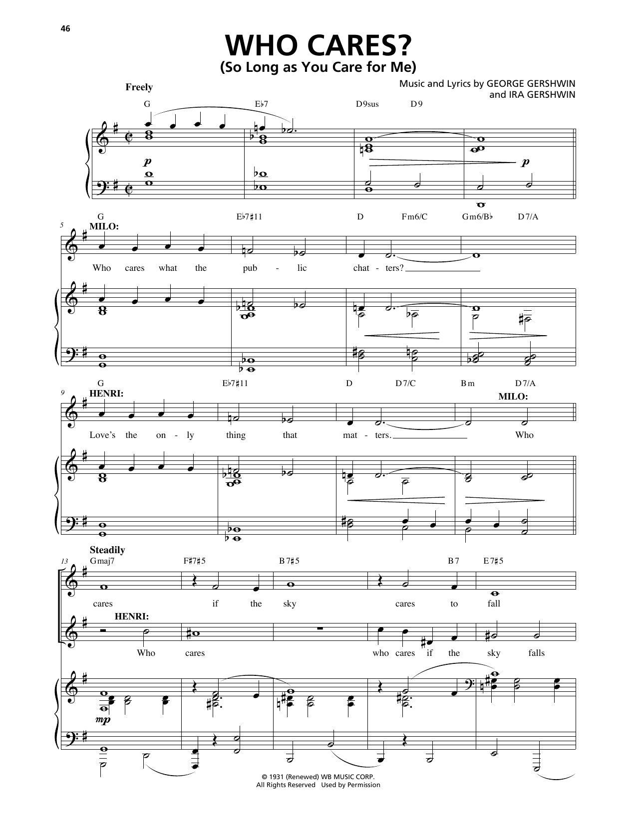 George Gershwin & Ira Gershwin Who Cares? (So Long As You Care For Me) (from An American In Paris) sheet music, chords, lyrics - Printable PDF for Piano & Vocal