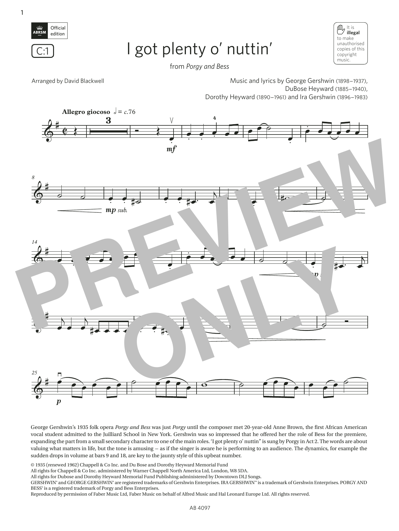 George Gershwin I got plenty o' nuttin' (Grade 3, C1, from the ABRSM Violin Syllabus from 2024) sheet music, chords, lyrics - Printable PDF for Violin Solo