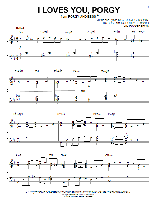 George Gershwin I Loves You, Porgy sheet music, chords, lyrics - Printable PDF for Piano