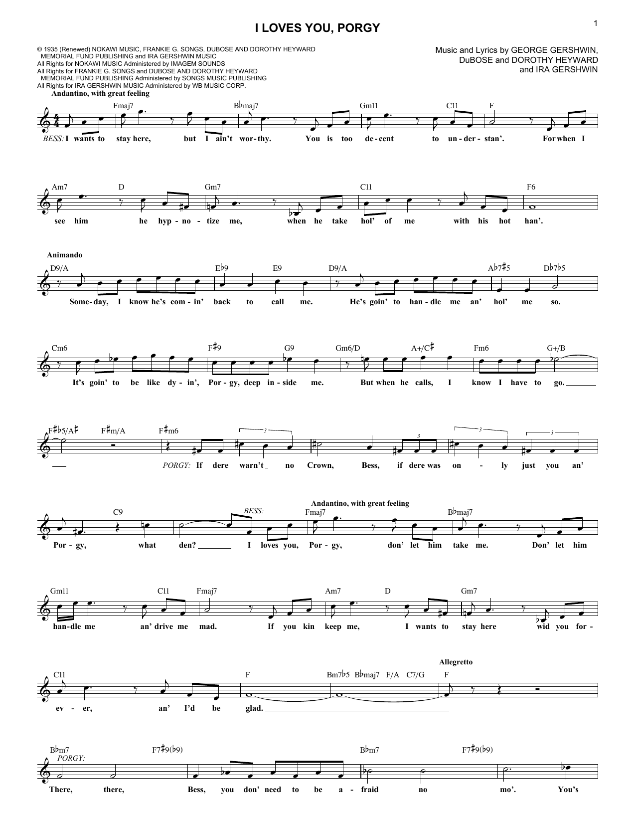 George Gershwin I Loves You, Porgy sheet music, chords, lyrics - Printable PDF for Melody Line, Lyrics & Chords