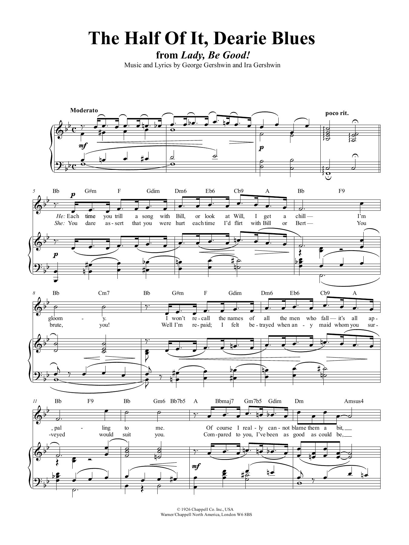 George Gershwin The Half Of It, Dearie Blues sheet music, chords, lyrics - Printable PDF for Piano, Vocal & Guitar (Right-Hand Melody)