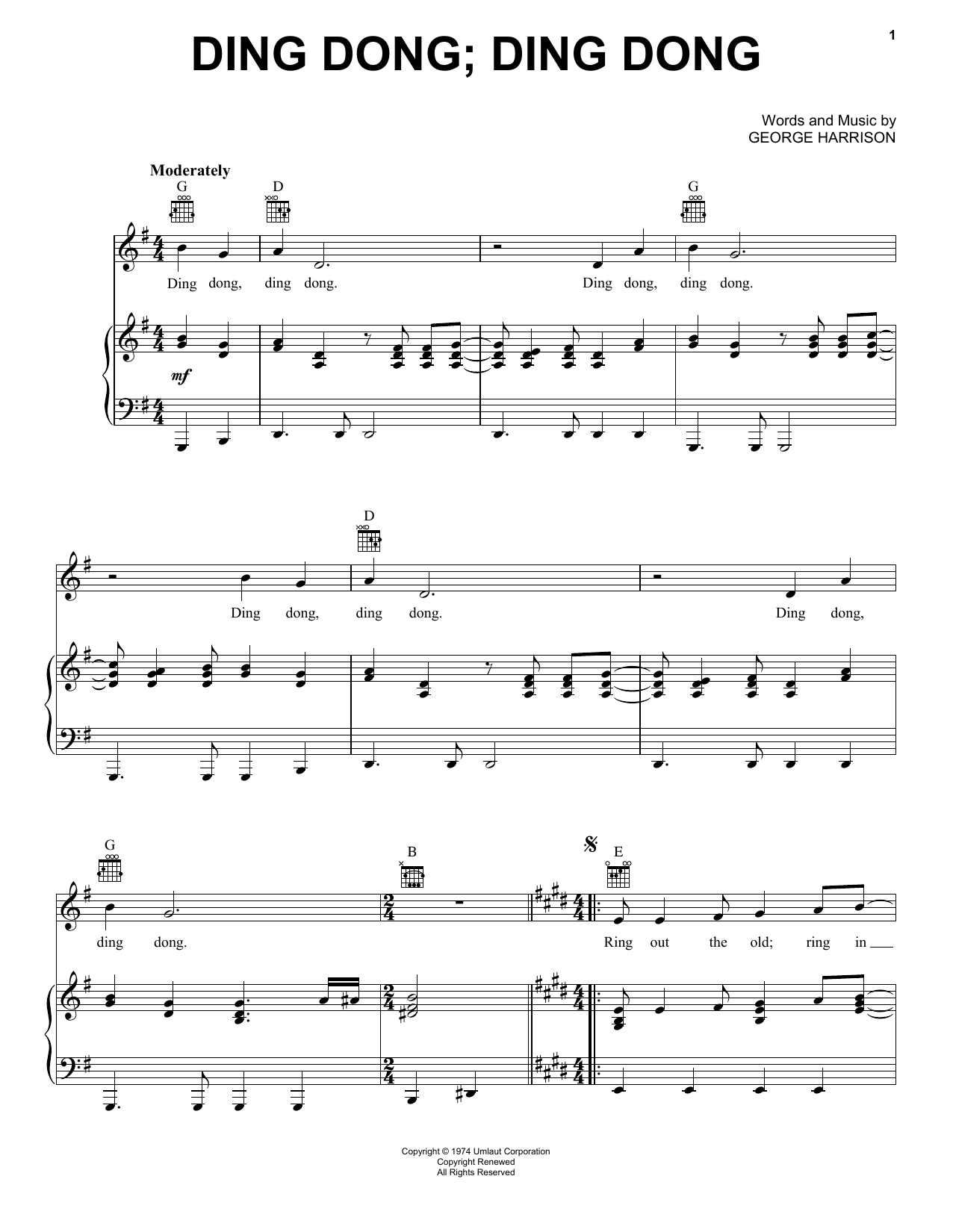 George Harrison Ding Dong; Ding Dong sheet music, chords, lyrics - Printable PDF for Piano, Vocal & Guitar (Right-Hand Melody)