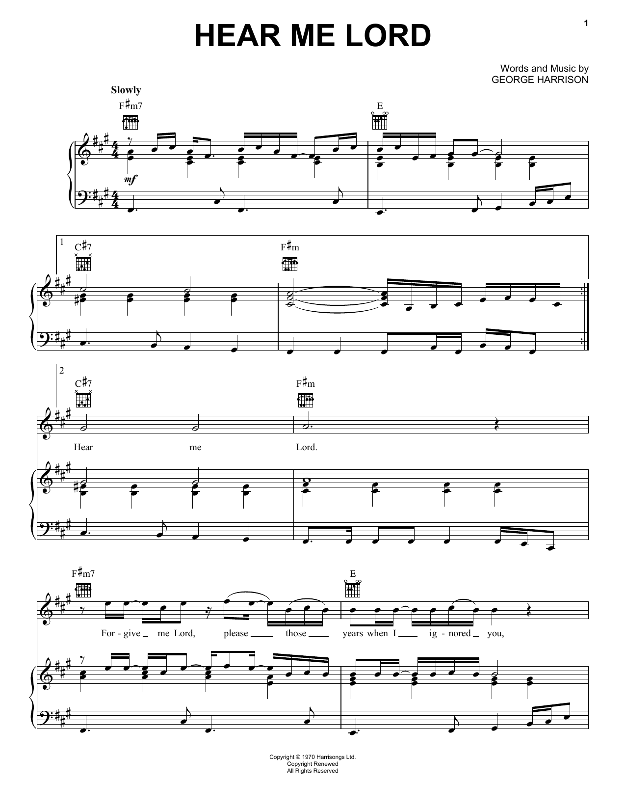 George Harrison Hear Me Lord sheet music, chords, lyrics - Printable PDF for Piano, Vocal & Guitar (Right-Hand Melody)